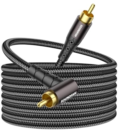SOUNDFAM 90 Degree RCA Cable 15M, Right Angle Subwoofer Cable [24K Gold-Plated Plug, Cotton Braided Jacket] for Subwoofer, DVD, Amplifier, Home Theater