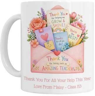 Personalised Teacher Mug, Envelope Design, Thank You Amazing Teacher Gift, White Ceramic