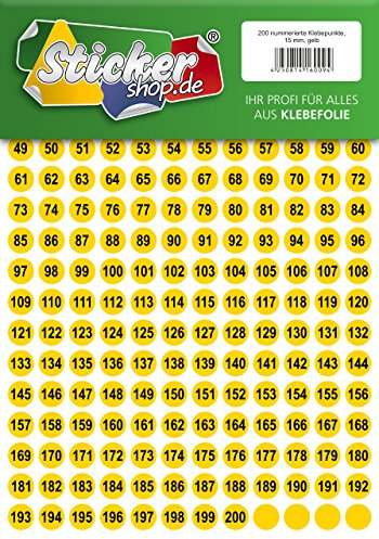 200 nummerierte Klebepunkte, 15 mm, gelb, aus PVC Folie, wetterfest, Markierungspunkte Kreise Punkte Zahlen Nummern Aufkleber