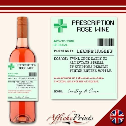 Affiche Prints L129 Personalised Prescription Medicine Pharmacy Novelty Alcohol Rose Wine Bottle Label For Any Occasion!
