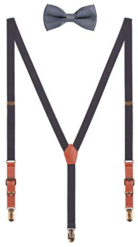 WANYING 2cm Hosenträger Fliege Sets | Retro PU Leder 3 Messingartige Clips Y Form Hosenträger Elastisch Verstellbar für Körpergröße 140-190cm - Dunkelgrau
