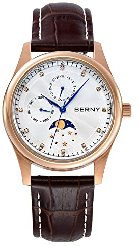 BERNY Uhren für Männer wasserdichte Herrenuhren mit echtem Lederarmband Mode Herrenuhr mit Kalender Woche Mondphase Dail