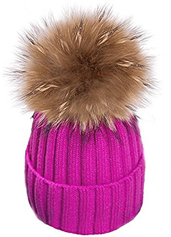 Bonnet à pompon d'hiver chaud en tricot en fourrure pour femme - Rose - taille unique