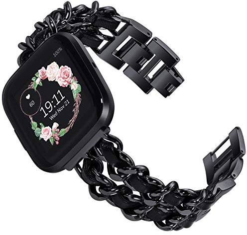 KADES kompatibel mit Fitbit versa 2 Armband, Damen Edelstahl Ersatzarmband für Fitbit Versa, Versa Lite Edition Armband (schwarz mit schwarzem Leder)