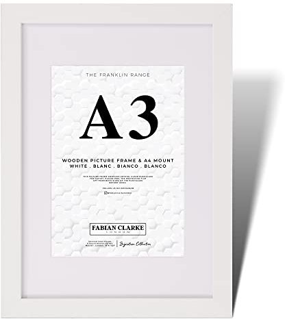 Fabian Clarke London® A3 Modern White Wooden Picture Photo Frame with White A4 Mount to Hang Portrait or Landscape