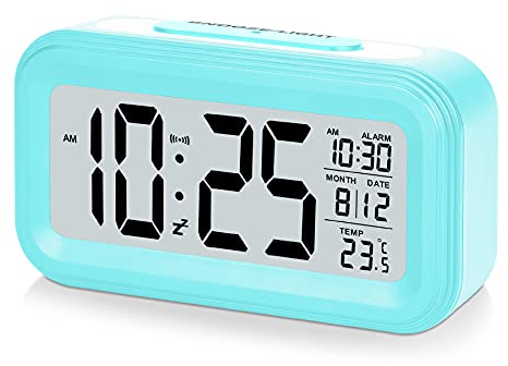U-picks Alarm Clock 4.3 LED Display, Digital Alarm Clock with battery powered, Snooze, Easy to Use,Temperature Calendar, 12/24 Hr, Light control Portable Alarm clocks bedside for adults kids-Blue