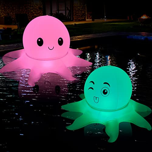 SEMANJLL Lot de 2 lampes de piscine flottantes à énergie solaire en forme de pieuvre - 50,8 cm - 16 couleurs RVB changeantes - Boule lumineuse gonflable avec expression mignonne