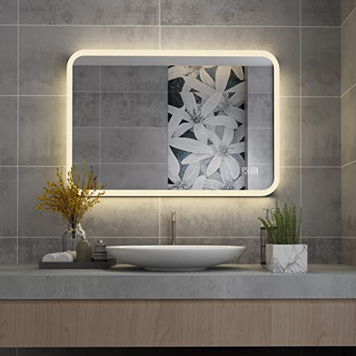MIQU Miroir Salle de Bain LED 60x50cm/600x500mm Interrupteur Tactile&Lumière réglable 3couleurs&Anti buée/Miroir Mural Vertical de Haute qualité/Adapté pour Salle de Bain,Chambre à Coucher,WC