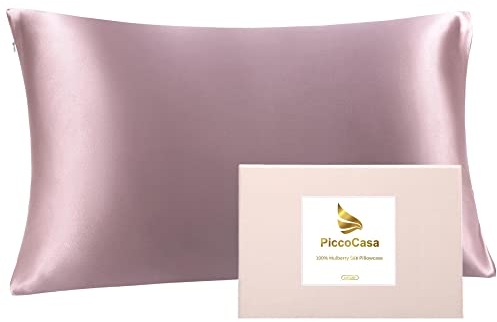 PiccoCasa 22 Momme 100% Seide Kissenbezug Haar- und Hautpflege Kissenhülle Maulbeerseide Kopfkissenbezug mit Reißverschluss & Geschenkbox, Mauve 40x80cm