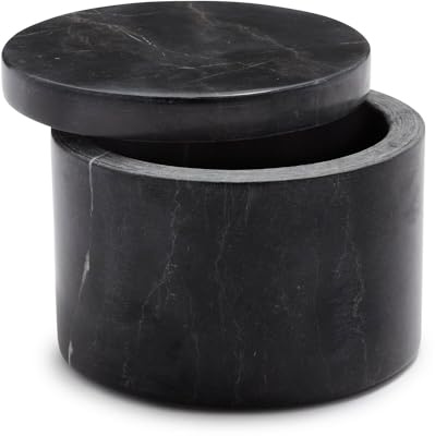 Sur La Table Marquina Marble Salt Keeper – 4 Round Salt Cellar with Lid – Black Marble Spice Container for Kitchen or Tabletop Use