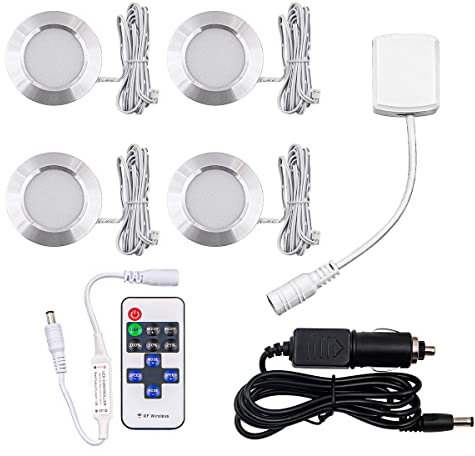 NUZAMAS 4 verbindbare LED-Beleuchtungen unter dem Schrank, Fernbedienung, 3 W, dimmbar, Schrankleuchten unter der Theke, für Schrank, Vitrine, Bücherregal, Kleiderschrank, Weiß, 6400 K