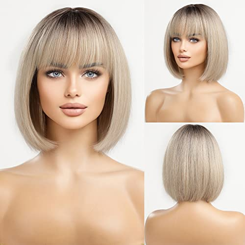 HAIRCUBE Blonde Bob Perücken für Frauen Kurze Kunsthaarperücke mit Pony
