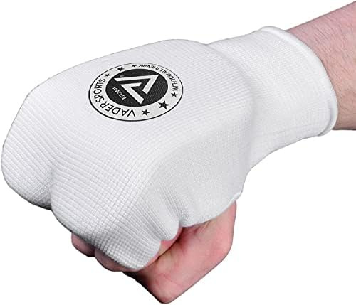 VADER Elasticated Karate Mitts Hand Pads Martial Arts Training Mitts Slip-On MMA Kickboxing Sparring Punching Karate Gloves Gel Padded Hand Protections White