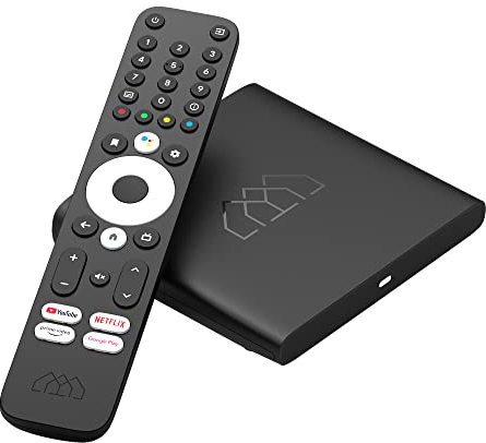 Zertifizierte AndroidTV 4K Homatics BoxQ mit DVB-T2/C Combo Tuner, Antennen & Kabelfernsehen, Dualband W-LAN, Bluetooth, USB, Mediaplayer, MicroSD, Google PlayStore, Netflix, YouTube & Prime Video