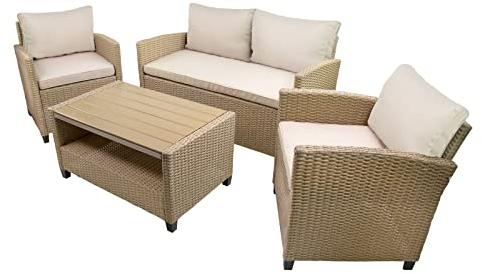 BELLAVISTA Gartenmöbel-Set Madeira III | Beige | Pulverbeschichtetes Stahlgestell | Wetterfest | Outdoor | Für den Außenbereich | Tischplatte mit Holzoptik | Demontiert