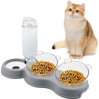 Shineyoo Cat Bowls with Stand Tilted 15° Detachable 3 in 1 Cat Food Bowls Cat Water and Food Bowls Anti-Spill and Adjustable Cat Feeding Bowl Pet Bowl for Cats and Dogs