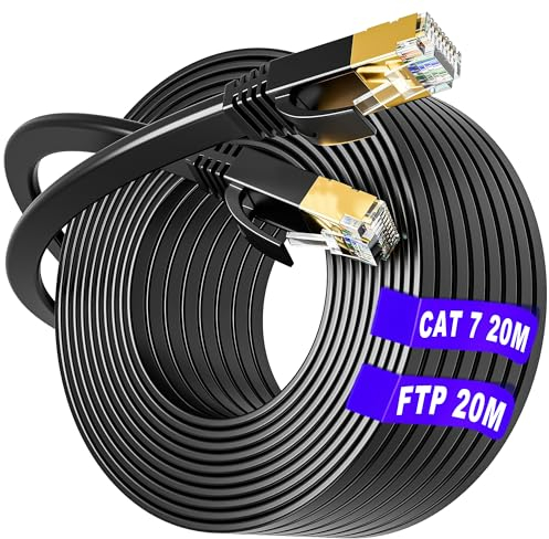 Cat 7 20m Netzwerkkabel, LAN Kabel 20meter Flach Patchkabel Outdoor Indoor, Gigabit CAT7 Hochgeschwindigkeits S/FTP PIMF Schirmung mit RJ45 Stecker Ethernet Kabel für Switch Router Modem (20 Clips)