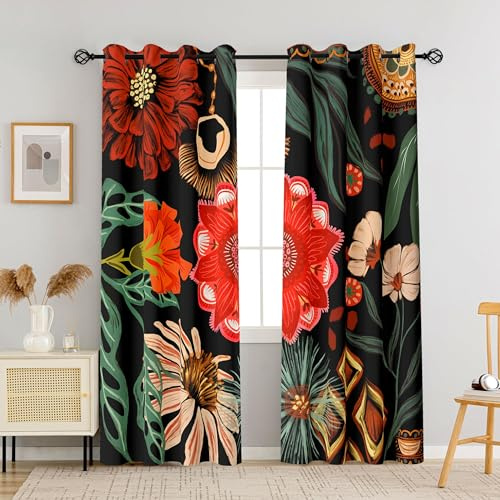 Tyrot Verdunklungsvorhänge im Boho-Stil, Blumenmuster, für Wohnzimmer, 244 cm lang, 2 Paneele, botanische Verdunkelungsvorhänge für Schlafzimmer, Ösen, wärmeisoliert, Raumverdunkelung, Fenstervorhänge
