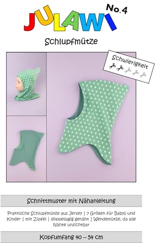 JULAWI No.4 Schlupfmütze KU40-54cm | Papierschnittmuster mit Zipfel, zweilagig genäht aus Jersey, Wendemütze, Anfänger geeignet, Sprache gebundene Nähanleitung: Deutsch inkl. Schnittmusterbogen