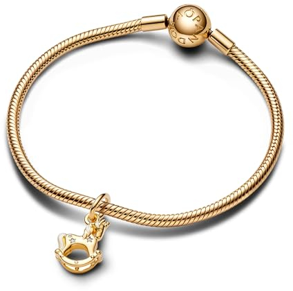 PANDORA Moments Schaukel-Einhorn Charm-Anhänger aus Sterling Silber mit vergoldeter Metalllegierung, Zirkonia, Kompatibel Moments Armbändern,762978C01
