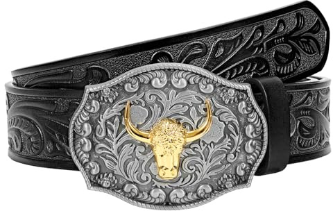SANSTHS Herren Cowboy Gürtel Western Bull Buckle Gürtel für Männer Herren Damen Floral Geprägte Ledergürtel für Jeans, Schwarz