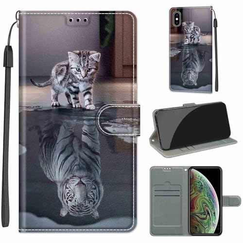 KENHONER Case for iPhone XS Max, cat and tiger | Magnetic Closure, Card Slots, Kickstand, Shockproof Protective,Flip Cover Wallet, Lanyard