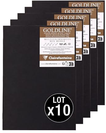 Clairefontaine 975524Cpack - Packung 10 Skizzenheft - Kladde Goldline, 20 Blatt Zeichenpapier 140g, Weiß, DIN A5 14,8x21 cm, Hochformat, Einband Schwarz, 1 Pack