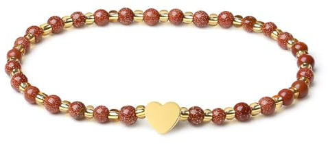 MetJakt Handgemachter Naturstein Perlenarmband 4MM Mini Stretch Armband Energiearmbänder 18k vergoldet Herz Armbänder für Damen Damenschmuck Echtes (Goldener Sandstein)