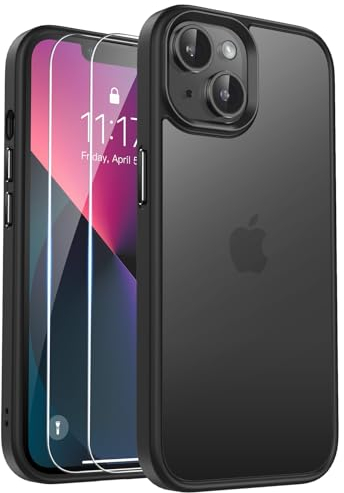 Kmofizle Matte Phone Case for iPhone 14 / iPhone 13 Case and 2X HD Screen Protector, Shockproof Military Grade Drop Protection, Frosted Translucent Back Phone Cover 6.1-Inch, Anti-Fingerprint, Black
