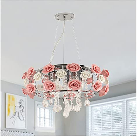 Modern Pendelleuchte Romantische rosa Rose Kristall Kronleuchter Keramik Rose Blumen Kristall Pendelleuchte Moderne verstellbare Kette Mädchen Zimmer hängende Deckenleuchte for Schlafzimmer Esszimmer