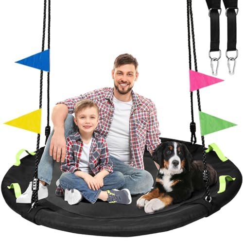 HeyZoo 48 inch Tree Swing, Larger Saucer Flying Swing for Whole Family, 900lbs Weight Capacity, with Adjustable Hanging Straps, for Outdoor Backyard, Gifts for Kids, Black