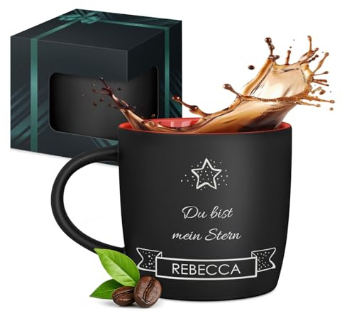 Maverton schwarzer Keramik Kaffeebecher 400ml mit Gravur, Kaffeetasse | Aus Matt Keramik mit Henkel für Frauen zum Geburtstag zu Weihnachten, Trinkbecher matt schwarz, Innen rot, Stern