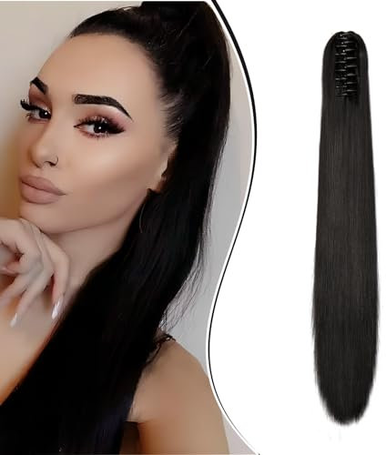 Dcbaboo Pferdeschwanz Haarteil Zopf Extension mit Klammer Glatt Lang Ponytail Extensions Haarverlängerung Clip Synthetik Gerade Pferdeschwanz Haarextension Zopf, 55cm Natürlich Schwarz