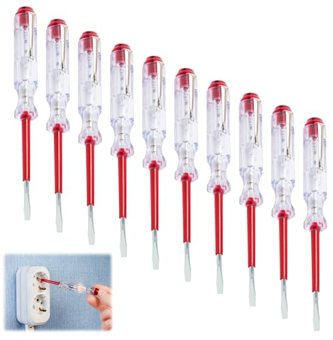 10 Pezzi Tester di Tensione 45200, Fase Tester Standard certificazione GS VDE 0680, Fino a 250V, Cacciavite in Acciaio C60 Zincato, Robustezza Superiore, Trasparente/Rosso, Lunghezza 140mm