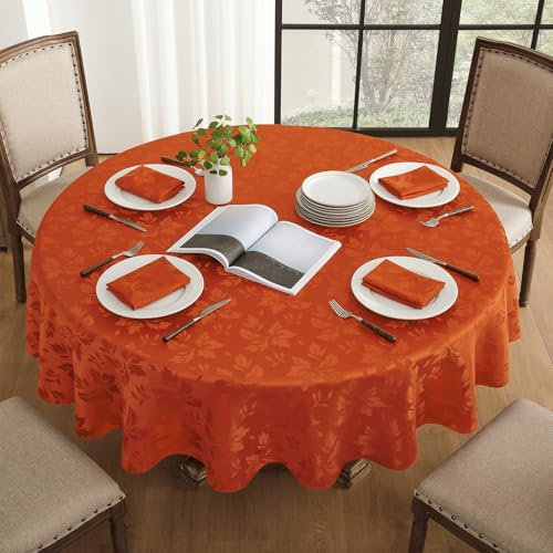 Romanstile Herbst runde Tischdecke 180 cm Orange abwaschbar Luxuriös Jacquard Blumen wasserabweisend Tischtuch Tafeltuch Table Cloth Herbstdeko für Esszimmer,Restaurant,Party,Oktoberfest,Halloween
