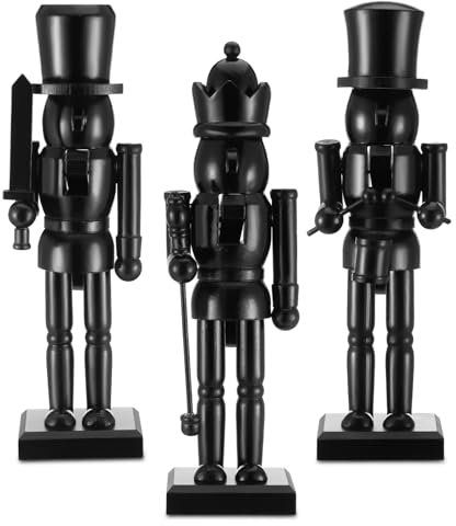Cinnvoice 3 Stück 25,4 cm Weihnachten Nussknacker Figur Holz Nussknacker Figuren Modern Soldat Nussknacker Xmas Nussknacker Ornament Kaminsims Dekor Weihnachtsdekoration für Zuhause Tisch (Schwarz)