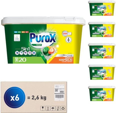 PUROX UNIVERSAL Wäschepods (20 Stück x 6) – Waschmittel-Kapseln für alle Textilien, entfernt Flecken, schützt Farben, vollständig ausspülbar, umweltfreundlich, Box Multipack 6 Stück