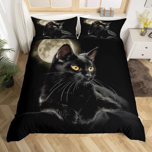 Homemissing Chat Parure de Lit Mignon Modèle de Chat Noir Housse de Couette 240x260cm Animaux imprimé Fille Garçon Housse de Couette Ferme Chat décoration Literie Set avec 2 taie d'oreiller