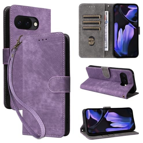 Fensweli hülle für Google Pixel 9A Handyhülle,360°Schutz Klapphülle,PU Leder Flip Case mit Ständer,Handschlaufe Wallet Lederhülle für Google 9A Handysocken (Lila)