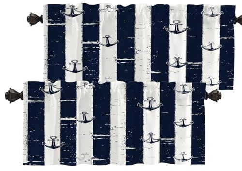 Batmerry Thermo-isolierte Volants für Fenster, maritimes Meer, maritimes Muster, Küchenvorhänge und Volants, Set mit Verdunkelungsvorhängen und Volants, kurzer Volant für Badezimmer, 2 Stück, 132 x
