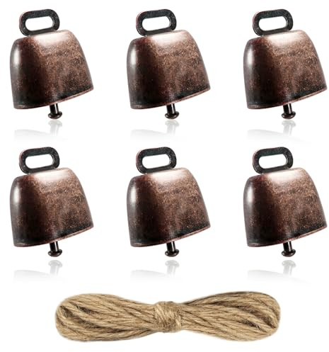 TOAOB 6 Pièces Cloche de Vache Vintage Bronze Rouge en Métal Chèvre Cloches 35 mm avec 1 Rouleau de Ficelle de Chanvre pour Animaux de Compagnie Collier Décoratif Et Bricolage Craft Accessoires