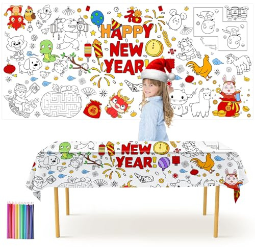 Yuaerbuo 183 * 90cm Ausmaltischdecke Kinder Silvester mit 18-Farben-Box mit Papageien-Buntstiften,Happy New Year Ausmal-Tischdecke Papier DIY Tischdecke zum Ausmalen Kinder für Neujahr Supplies