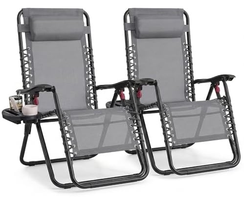 SONGMICS Set da 2 Sedie a Sdraio Pieghevoli, Poltrone a Gravità Zero, Lettini Prendisole Portata 110 kg per Sedia, Poggiatesta Regolabile, Vassoio, per Terrazza e Giardino, Grigio Scuro GLB032GZ02