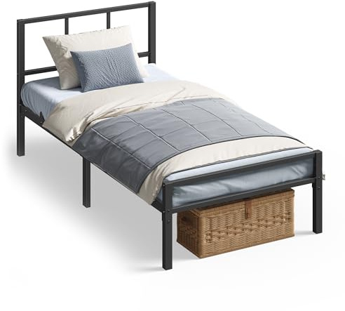 VASAGLE Single Bed Frame, 90 x 190 cm, with Slats and Headboard, Metal Platform Bed, Supports Up to 250 kg, Easy Assembly, Modern Bedroom Furniture, Ink Black RMB291B101
