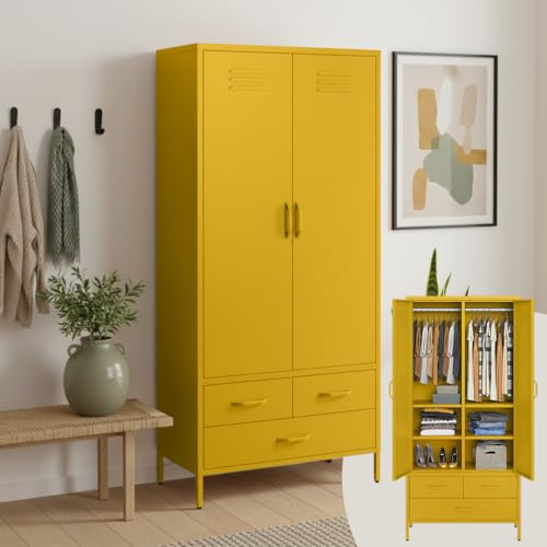 skølm Atria Kleiderschrank 80 cm, 6 Fächer, Senfgelb, Metall, 3 Schubladen | Metallschrank, 2 Kleiderstangen, Garderobenschrank, Metallkleiderschrank breit, Schlafzimmerschrank, Flurschrank stabil