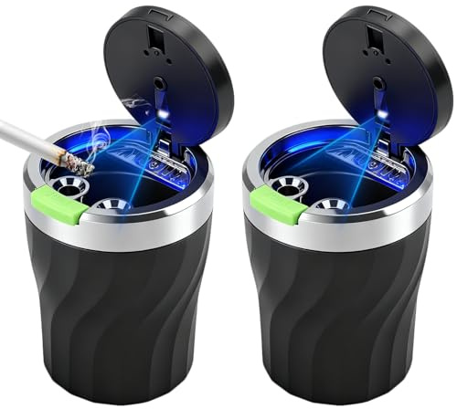 Aschenbecher Auto,2 Stück Auto Aschenbecher mit Deckel,Autoaschenbecher mit led Licht,Tragbarer Aschenbecher Geruchsdicht,Mobiler Aschenbecher Flammhemmend, Versiegelt,Großem Fassungsvermögen