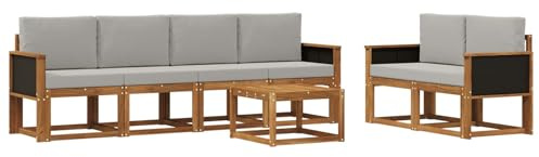 vidaXL Outdoor-Sofagarnitur mit Kissen 6 pcs Natürlich und Hellgrau, Moderne Outdoor-Sofagarnitur, robuste Eckcouch, stylisches Gartenmöbel, Akazienholz, Bequeme Sitzplätze