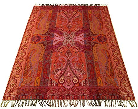 Lorenzo Cana Luxus Wolldecke Jacquardgewebt Baumwolle feinste Wolle vom Merinolamm Mehrfarbig rot Paisley Wohndecke Sofadecke Kuscheldecke Plaid 130 cm x 180 cm - 96251