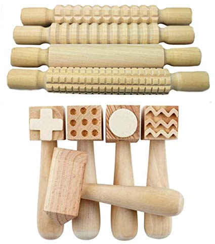 Kids B Crafty Wooden Textured Rolling Pins 4pcs And Wooden Hammers 5pcs