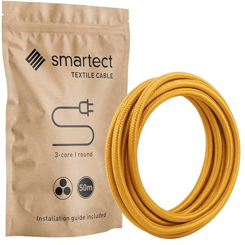 smartect Cable Electrique Textile Or, Fil Electrique Tissu de 50 Mètres, 3 Conducteurs (3 x 0,75mm²) Cable Tissu Lampe pour Les Projets de Bricolage